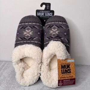 Muk Luks Slippers Small 5 6 Gray Purple Faux Fur Sherpa Slip Resistant NWT